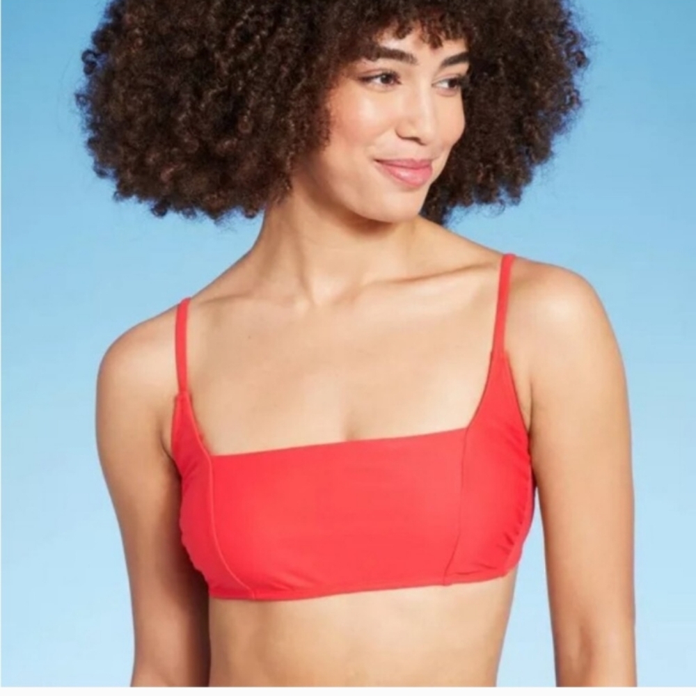 Red Square Neck Bralette Bikini Top With Gold Ring Detail.